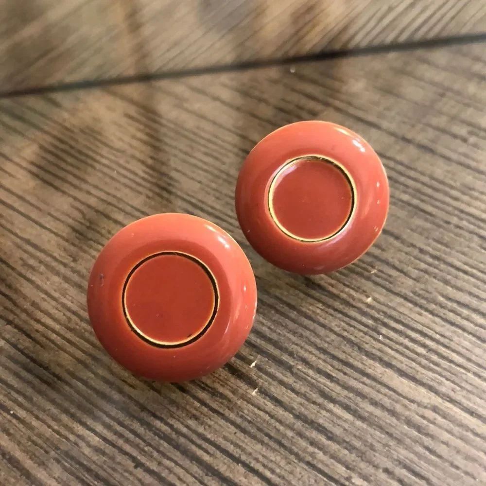 Vintage Round Button Enamel Earrings Clay Colored Enamel